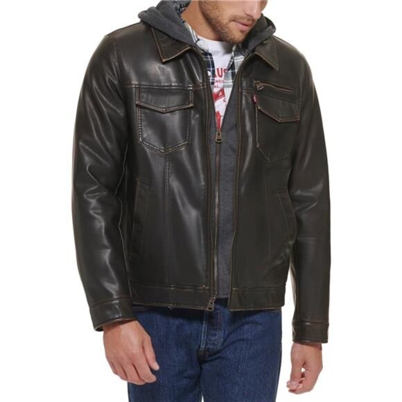 Levi's Men's Faux Leather Hooded Trucker Jacket With Sherpa Lining - Picture 6 of 16